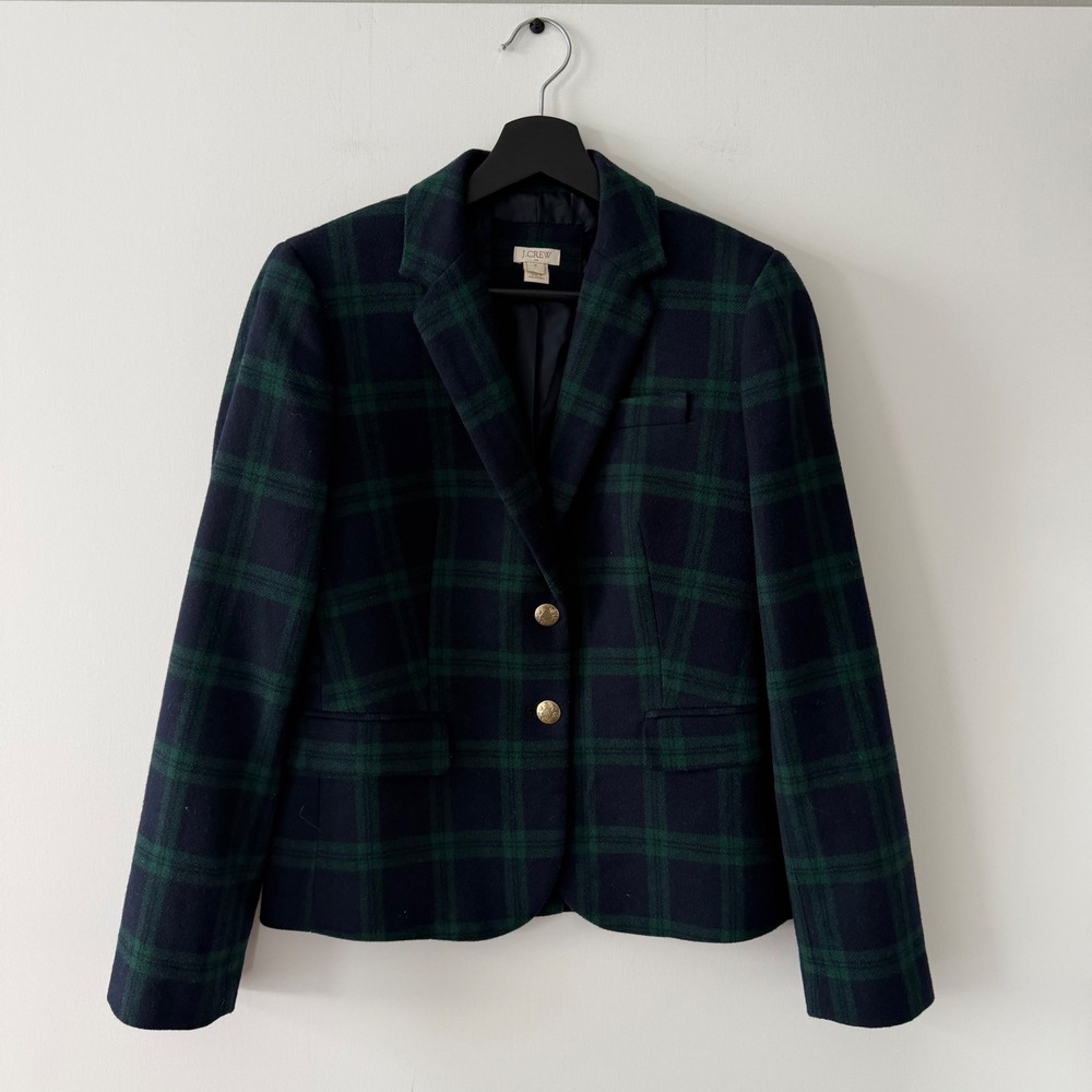 J.Crew Womens Black Watch Plaid Wool Blazer Gold Crest Buttons Size 4